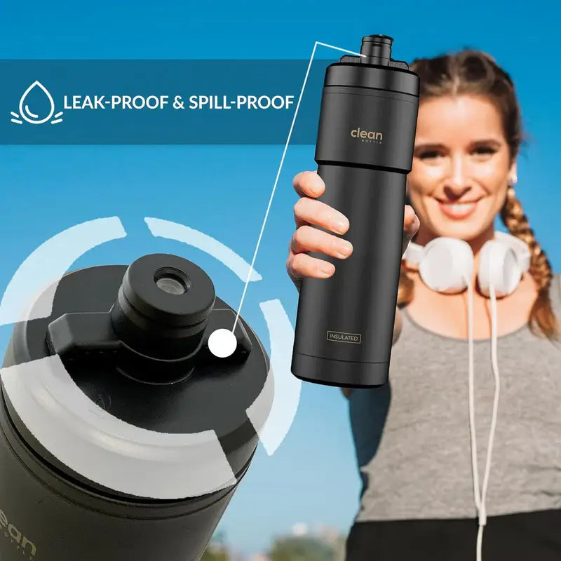 Clean Bottle Insulated Bike Water Bottle, 23 oz, Black, Easy
