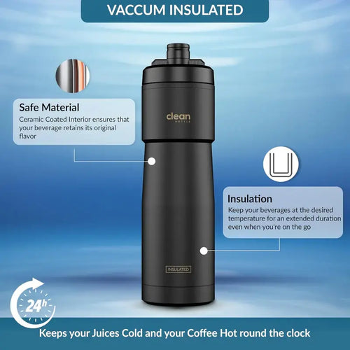 Clean Bottle Insulated Bike Water Bottle, 23 oz, Black, Easy