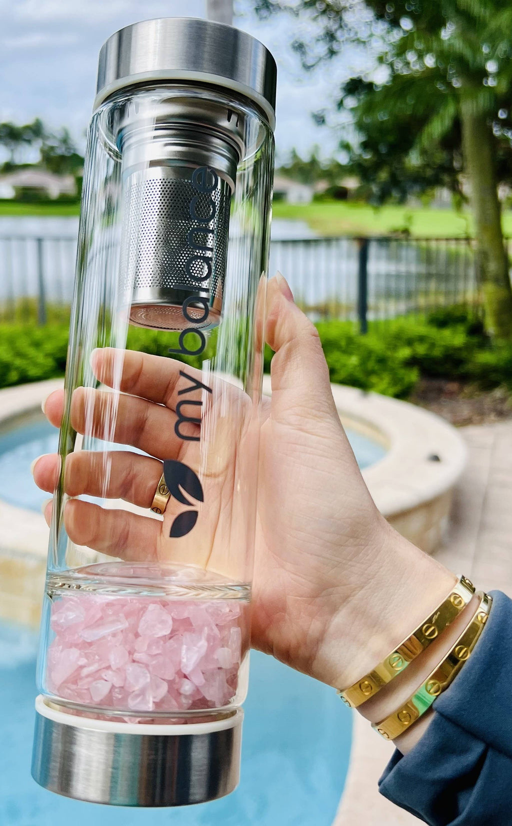 My Balance's High-Quality Borosilicate Glass Bottle with Pink Quartz